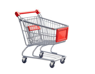 Empty shopping cart, gray metal frame, red handles and accents
