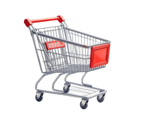Empty shopping cart, gray metal frame, red handles and accents