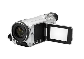 Sleek, modern, silver digital camcorder with 14x optical zoom and articulated LCD open, on transparent studio background with soft shadow, concept of professional video recording and filmmaking