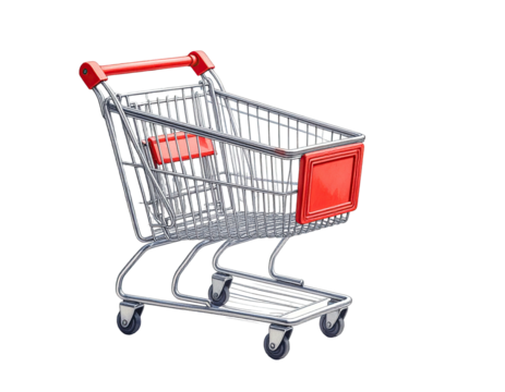 Empty shopping cart, gray metal frame, red handles and accents
