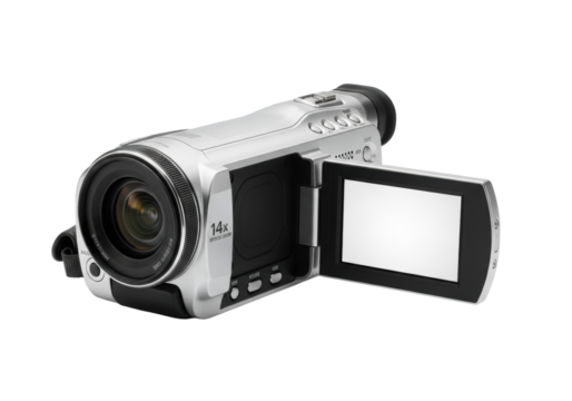 Sleek, modern, silver digital camcorder with 14x optical zoom and articulated LCD open, on transparent studio background with soft shadow, concept of professional video recording and filmmaking