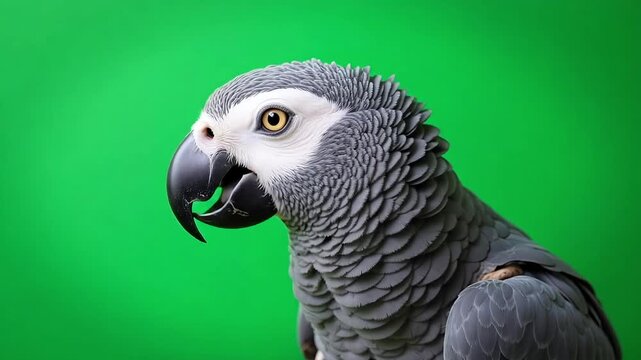 African grey parrot looking alert in vibrant studio setting, a striking avian portrait perfect for educational content or nature documentary footage