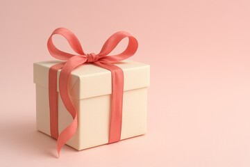 Obraz premium Elegant gift box with coral satin ribbon on pink background, perfect for special occasions and celebrations with copy space
