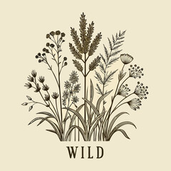 Vintage botanical illustration of wild grasses and flowers