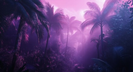 Obraz premium Majestic Tropical Scene With Palm Trees Under a Vibrant Purple Sky at Sunset.