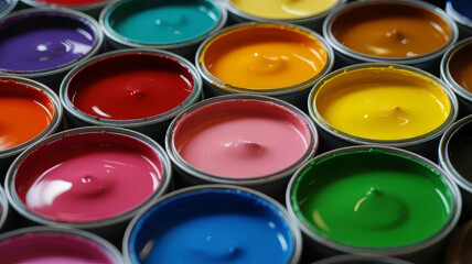 Fototapeta premium Overhead shot of colorful paint cans, showcasing a vibrant spectrum of hues in a visually appealing arrangement