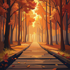 Wooden boardwalk through an autumn forest at sunset