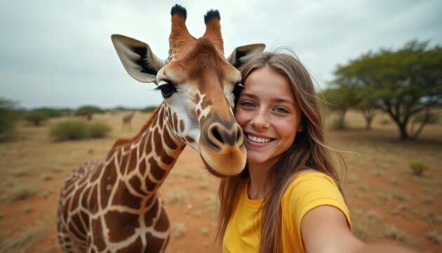 Happy young European woman takes selfie with giraffe on African safari vacation. Close-up smile with tall mammal in Kenya. Woman enjoys wildlife encounter, travel adventure, tropical nature trip.