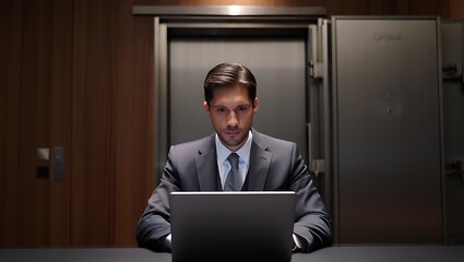 Serious businessman in a suit and tie intently focused on his laptop computer in a dimly lit modern office