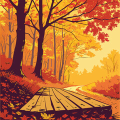 Wooden path through autumn forest with colorful foliage