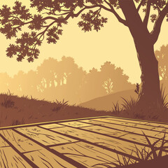 Wooden platform under a large tree in a hazy landscape