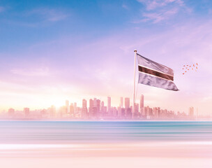 Botswana wavering in front of scenic view of modern skyline.