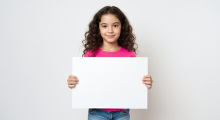 A girl standing and holding a blank A4 paper sign, isolated background