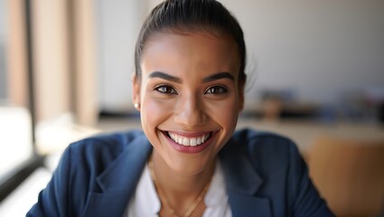 Close up portrait of a smiling confident young woman in a business suit looking directly at the camera