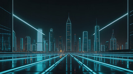 Futuristic Cyan Neon City Skyline Against Black Night Sky