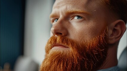 Redhead man with a large beard sitting a barber chair, enjoying a haircut while surrounded of atmosphere a vibrant barbershop video 4k