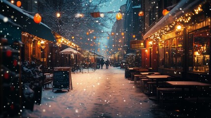 Fototapeta premium Snowy Winter Evening in a Festive Street Filled With Lights and Decorations.