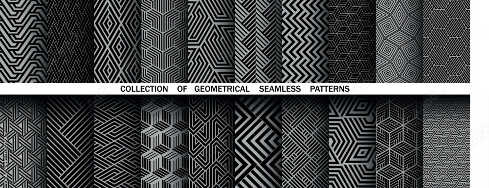 Poster geometric set of seamless black and gray patterns. simple vector graphics