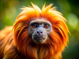 Fototapeta premium A captivating close up of a golden lion tamarin, showcasing its vibrant orange fur and expressive eyes