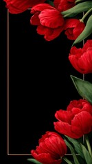 A beautiful arrangement of red tulips forms a striking border on a black background, ideal for various design projects, providing ample copy space for text or graphics