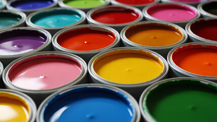 Fototapeta premium Overhead shot of vibrant paint cans in a rainbow of colors, perfect for art and design projects