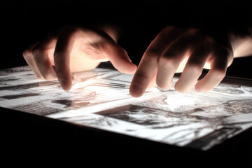 Hands interacting with illuminated digital screen, close up, technology concept, fingers touching glowing surface, modern device, creative workspace, futuristic mood