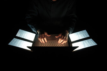 Hands typing on laptop keyboard surrounded by four glowing screens in dark room, creating mysterious and intense atmosphere, technology and cybersecurity concept