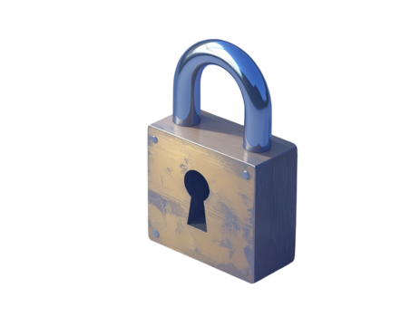 3D illustration of a vintage padlock, showing a slightly worn brass or aged gold finish, with a chrome or steel-colored bow and keyhole