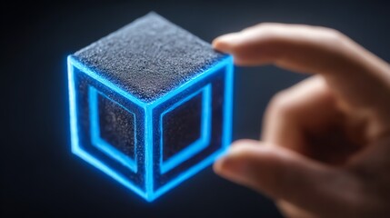 A hand delicately holds a textured cube illuminated by vibrant blue neon lines, suggesting a connection between the physical and digital realms, evoking a sense of futuristic exploration.