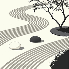 Japanese Zen Garden Raked Sand with Tree and Stones Keywords: zen garden, raked sand, stone