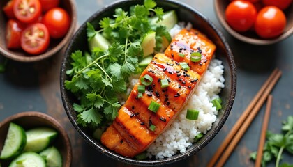 Delicious teriyaki salmon bowl with rice and fresh vegetables. Japanese cuisine includes salmon fillet, rice, cucumber, cilantro, green onion. Perfect for lunch or dinner.