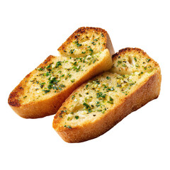Two slices of toasted garlic bread, topped with herbs
