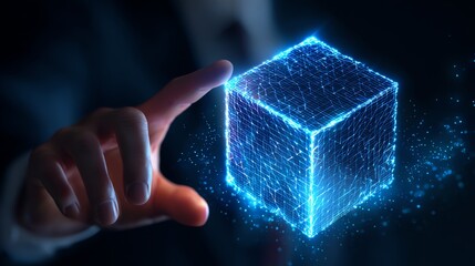 A human hand reaches towards a glowing, geometric cube constructed from interconnected lines of light, symbolizing digital interaction and the exploration of virtual spaces.