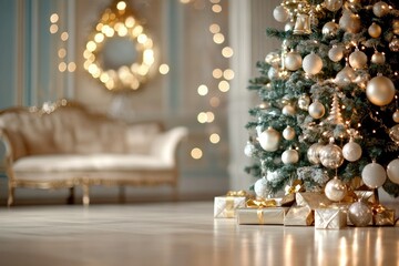 Elegant christmas tree with golden decorations and gifts in luxurious living room