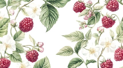 Watercolor illustration depicts raspberries, white blossoms, and green leaves on a light background.