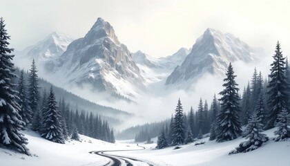 Snow covered mountain landscape with towering evergreen forest. A winding road leads through the silent, cold winter nature. Ink line work illustrates the peaceful, untouched beauty of the panorama.