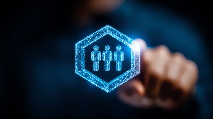 A glowing polygonal representation of three figures is held within a hexagonal frame, suggesting concepts of teamwork, connection, and digital networks, illuminated against a blurred background.