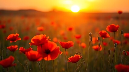A serene sunset field filled with vibrant red poppies, bathed in warm golden light.