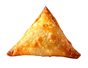 Golden-brown triangular pastry, likely samosa, isolated on black