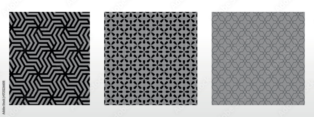 Poster geometric set of seamless black and gray patterns. simple vector graphics