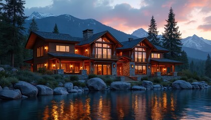 Fototapeta premium Expansive luxury Montana lake house estate modern rustic architecture with panoramic mountain views at sunset. Waterfront property features timber, stone construction, large glass windows, dock,