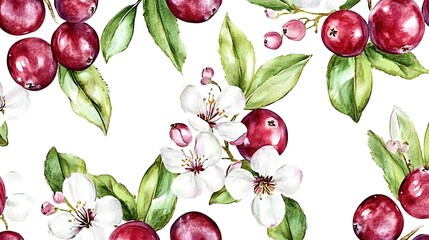 Watercolor illustration depicts white cherry blossoms and red cranberries on a white background.
