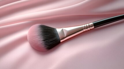 Elegant Makeup Time Enhancer Featuring Soft Blush Powder Brush on Pale Pink Fabric Background