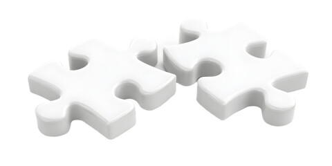 Fototapeta premium Two white puzzle pieces interlocking on a transparent background, symbolizing connection and problem solving