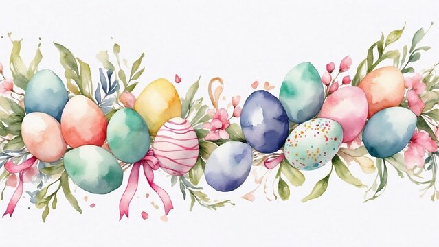 Colorful Easter eggs with floral decorations in pastel watercolor style   - Powered by Adobe