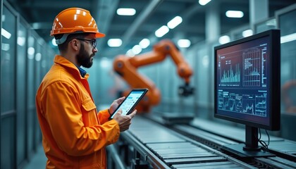 Engineer in orange hard hat uses tablet to control robot arm on factory assembly line. Digital screen displays data graphs. Modern manufacturing, automation, AI integration, precision engineering.