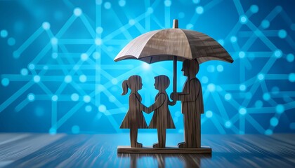 Protection and safety for the family are represented by a wooden sculpture with a digital technology background