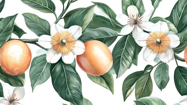 Digital illustration of a vibrant citrus tree branch with orange fruit and white blossoms.