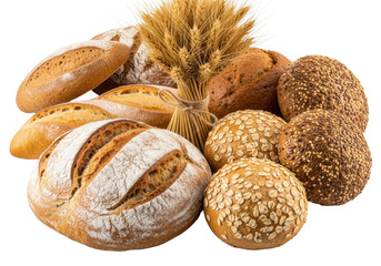 Rustic artisan loaf, various whole wheat, oat & baguette rolls artfully arranged with golden wheat stalks on a bright white studio background, soft lighting, concept of fresh bakery products