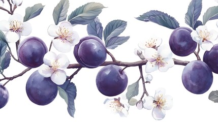 Watercolor painting depicts a branch with ripe plums and delicate white blossoms against a white background.